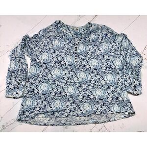 Lucky Brand Large Pullover Top Women's Blue White Paisley Henley Long Sleeve